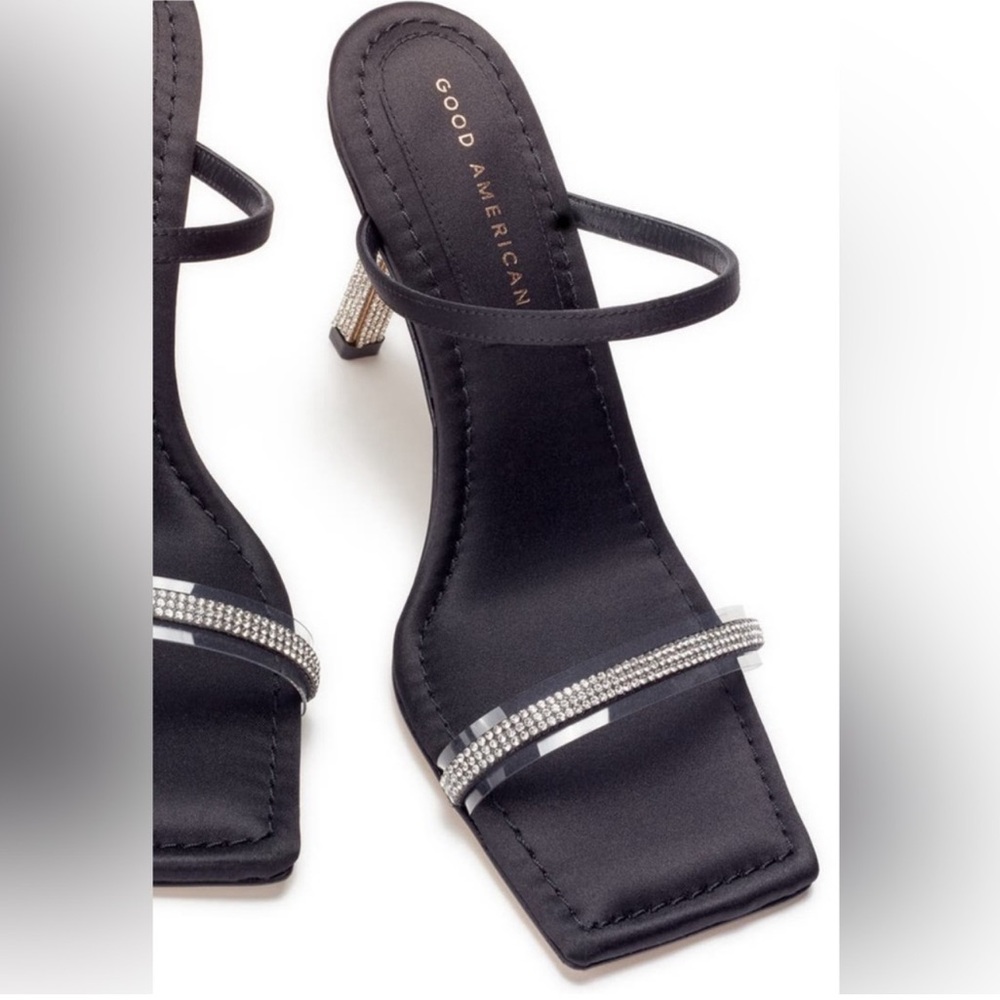 NEW GOOD AMERICAN Embellished Heels Black Main Satin Neoprene Gold+Diamond Heels